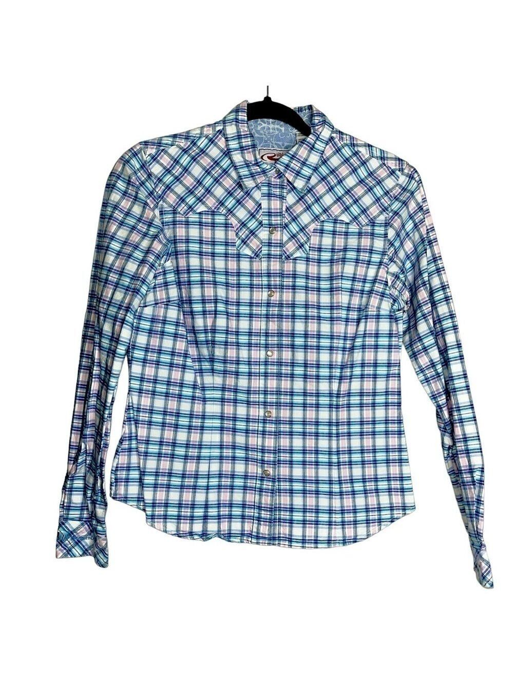 Roper Long Sleeve Snap Button Blue, Pink & White Plaid Western Cowgirl Shirt-S